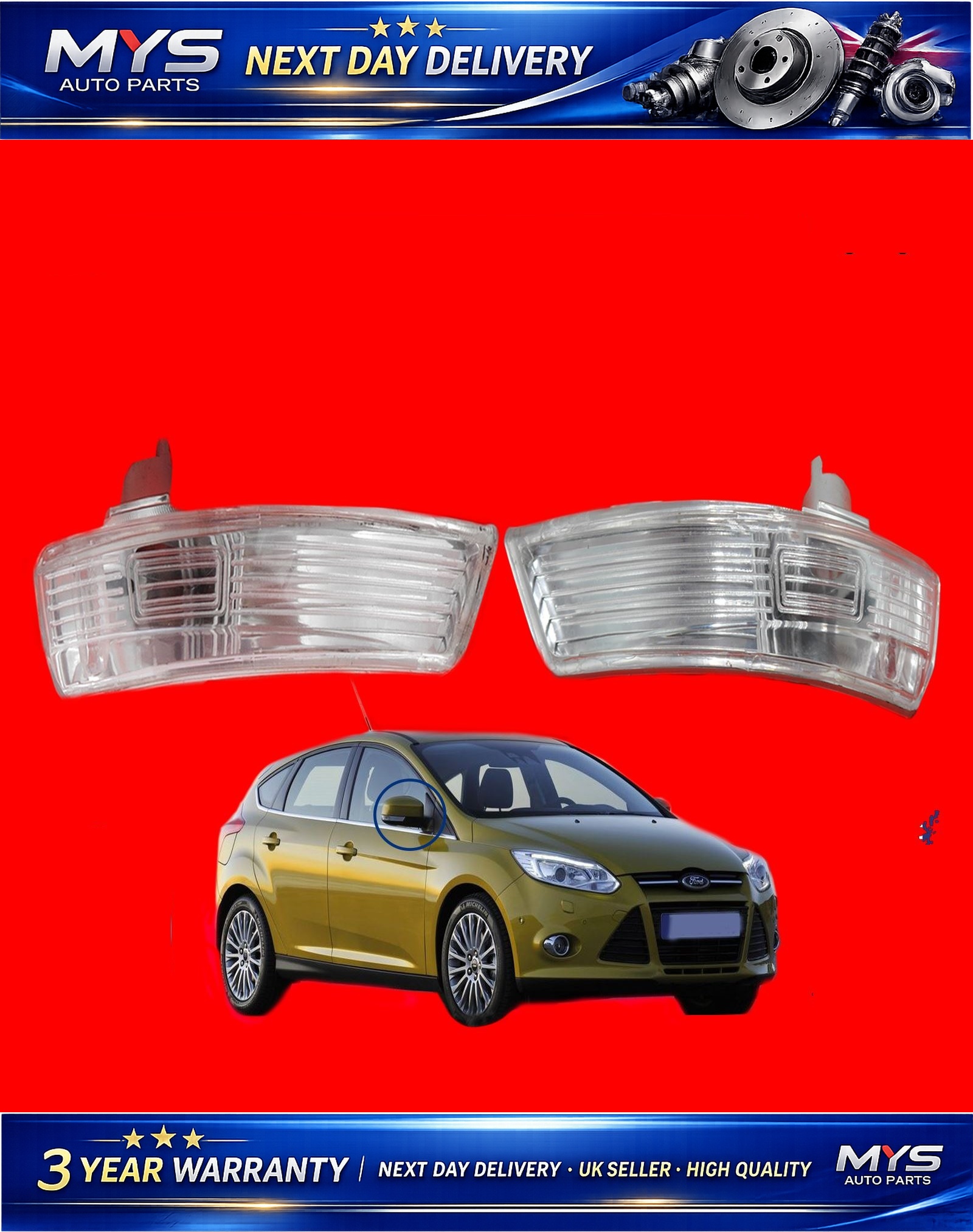 2X Wing Mirror Indicator Light Lens Side Fits FORD Focus Mk3 8M51-13B384-AA
